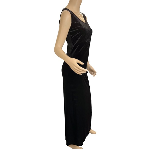 Black Velvet Long Cocktail Dress Slit Sleeveless Stretchy Vintage 90s Medium - Picture 4 of 11